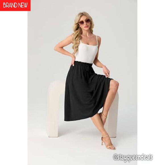 High Waisted Midi Skirt with Pockets, Flowy A-Line Summer Skirt - Picture 6 of 8